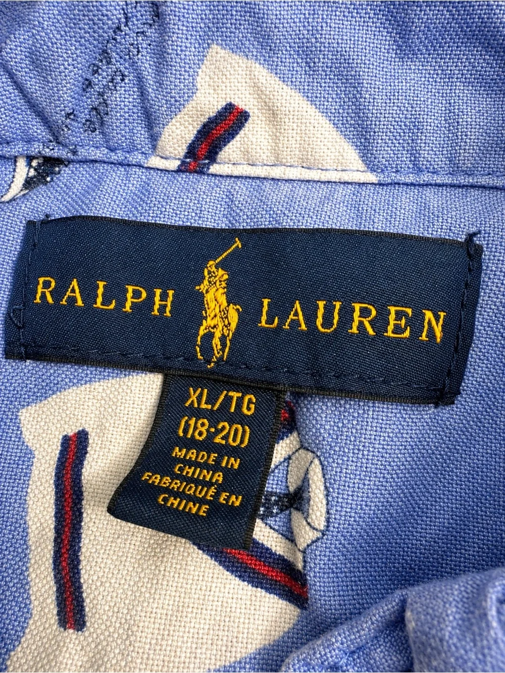 Ralph Lauren Boys XL 18-20 Blue Polo Bear Long Sleeve Button Down Shirt
